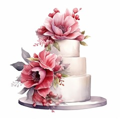 Watercolor wedding cake with flowers. Generative AI