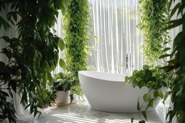 Luxury ceramic bathtub by the window and green tropical plants. Modern interior. Generative AI