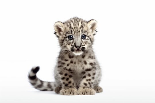 Snow Leopard cub isolated on on white background, Panthera uncia. Generative AI