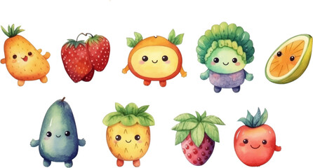 Set of watercolor mixed fruits for kids. Easy to draw, cute kid style. white background
