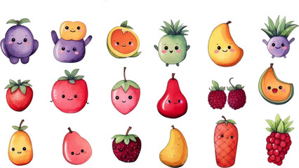 Set of watercolor mixed fruits for kids. Easy to draw, cute kid style. white background