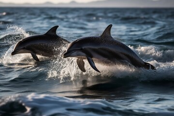 Close-up photo of beautiful dolphin family jumping on the waves. Clear blue ocean water. Holiday and leisure activities for travellers, nature attractions of south countries. Generative AI Technology