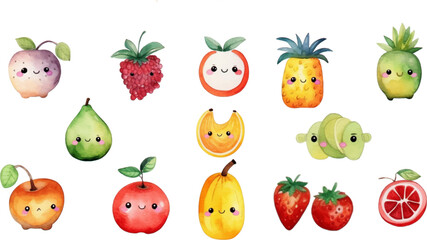 Set of watercolor mixed fruits for kids. Easy to draw, cute kid style. white background