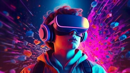 Boy wearing VR (virtual reality) glasses with headphones