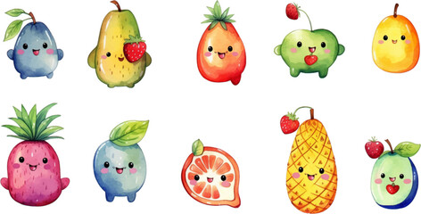 Set of watercolor mixed fruits for kids. Easy to draw, cute kid style. white background