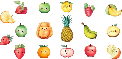 Set of watercolor mixed fruits for kids. Easy to draw, cute kid style. white background
