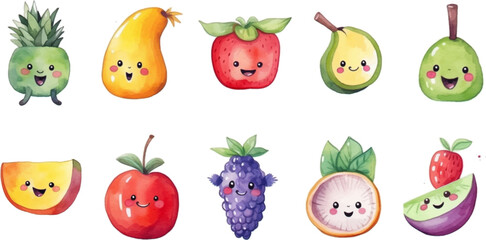 Set of watercolor mixed fruits for kids. Easy to draw, cute kid style. white background
