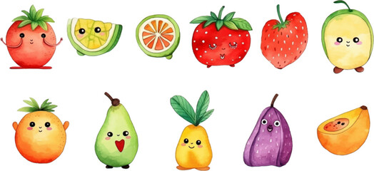 Set of watercolor mixed fruits for kids. Easy to draw, cute kid style. white background