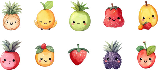 Set of watercolor mixed fruits for kids. Easy to draw, cute kid style. white background