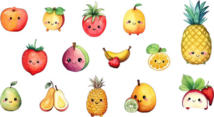 Set of watercolor mixed fruits for kids. Easy to draw, cute kid style. white background