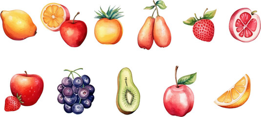 Set of watercolor mixed fruits for kids. Easy to draw, cute kid style. white background