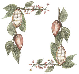 Watercolor hand drawn vintage style cacao branch and golden liner frame illustration, floral wreath, cocoa leaves and pod border clipart - 610572789