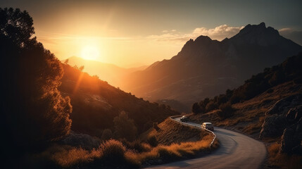 rental car in spain mountain landscape road at sunset