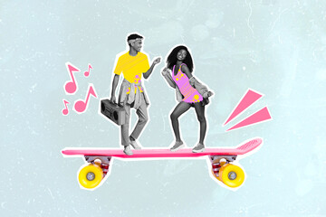 Creative drawing template collage of two active energetic people skating sporty listen pop music from boom box