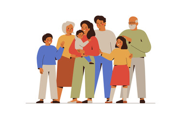 Happy big family with children, parents and grandparents. Three generations stand and embrace together. Family friendly and unity concept. Vector illustration - 610572946