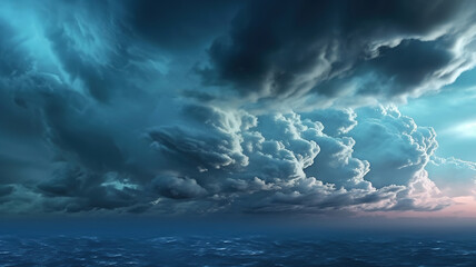 Fototapeta na wymiar Blue stormy clouds blown by the strong wind across the sky at evening. Generative Ai