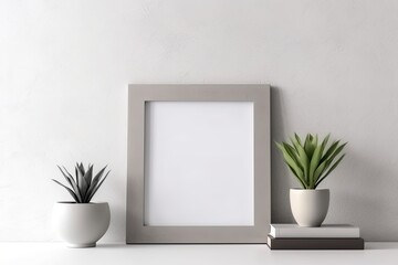 decorating a modern room with Mockup of a picture frame. White wall with plant and wood shelf. Generative AI