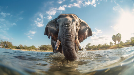 Happy elephant bathing in river. Generative Ai