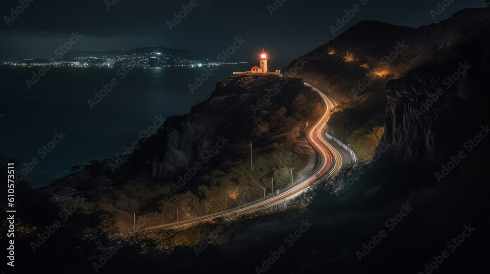 Poster long exposure road at night with a light house in hill