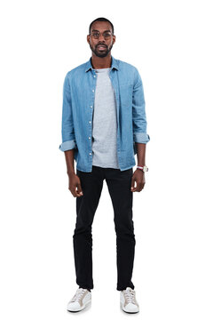 Portrait, fashion and black man isolated on a transparent, png background for creative career in glasses. Style, casual and cool young person, handsome model or designer with denim clothes