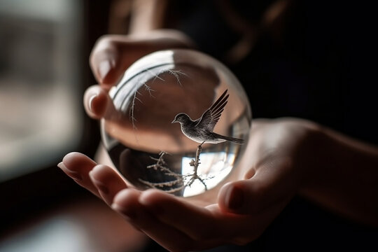 Little bird in a bubble in a person's hands. Ecology and saving the environment, saving the clean planet, green business, earth day concept. Generative AI