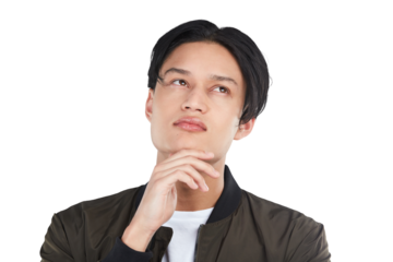 Thinking, face and asian man with decision on transparent, isolated or png background. Choice, contemplation and male person with doubt on problem solving, idea and emoji, solution or expression
