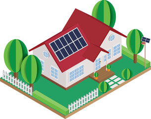 Vector isometric house with solar panels on house roof and solar powered garden lights on isolated white background, cute style for creating new clean energy infographics map.Modern homes.