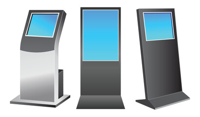 set of realistic trade exhibition computer stand or white blank exhibition kiosk or stand booth corporate commercial.
