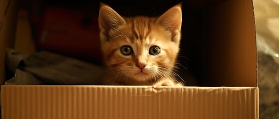 An adorable and innocent orange kitten in a box. Close up and widescreen portrait of a poor ginger kitten in the box, stare and look for adoption. Innocent stray young cat. Poor pet. Generative AI.