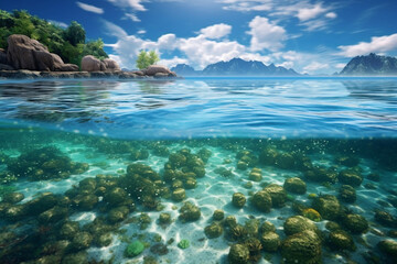 Fototapeta na wymiar View under and above sea clear water, generative ai