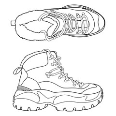 Outline pair winter man boots. Safety boots. Personal protective equipment or winter classic men boots. Top view. Outline vector doodle illustration.	
