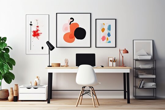 A creative workspace featuring a desktop computer and a white work table with an empty poster frame. Generative AI