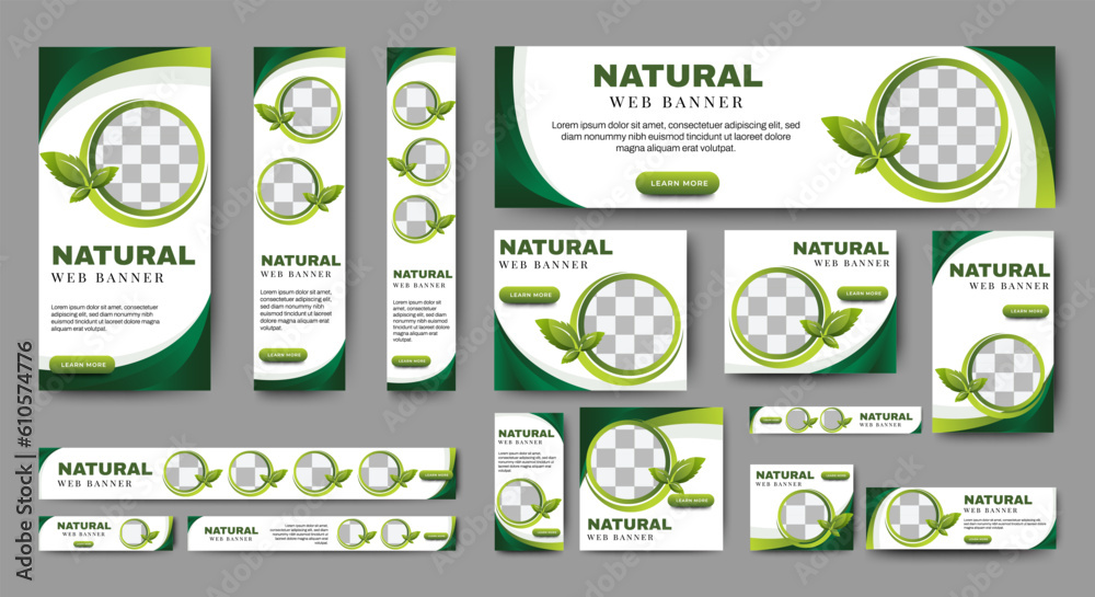 Wall mural nature banner design web template set, horizontal header web banner. modern gradient green cover hea