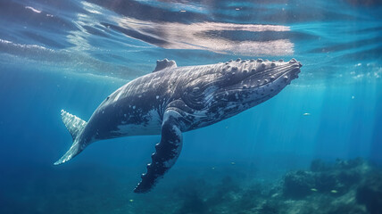 A Baby Humpback Whale Plays Near the Surface in Blue Water. Generative Ai