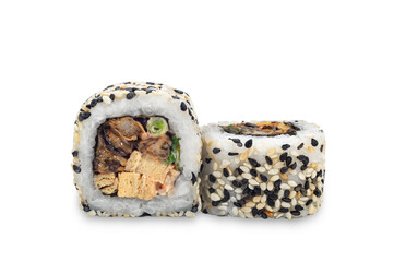 Sushi rolls on a white background.