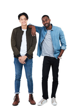 Happy, Friends And Men Fashion Portrait Of Full Body In Trendy, Cool And Casual Person Style Isolated On A Transparent Png Background. Happiness In Interracial Friendship Of Young People Together