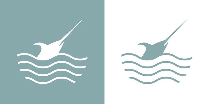 Logo Nautical. Silueta de cabeza de pez espada o marl&iacute;n con olas de mar