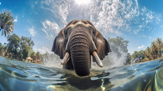 Happy elephant bathing in river. Generative Ai
