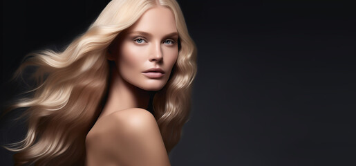 Fototapeta premium Young woman with blonde hair on dark background, mockup for hair care design 