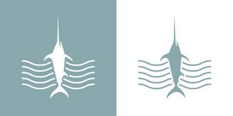 Obraz premium Logo Nautical. Silueta de pez espada o marlín con olas de mar