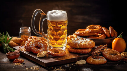 Oktoberfest beer barrel and beer glasses with wheat and hops on wooden table. Generative Ai
