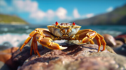 Fototapeta na wymiar Crab close up sitting on a rock. Generative Ai