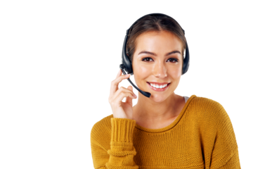 Portrait, call center and crm with a consultant woman isolated on a transparent png background for communication. Headset, contact us and sales support with a happy customer service agent for telecom