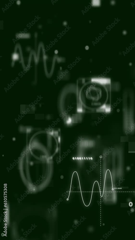 Wall mural vertical (1920x1080) looped animation of data science elements with binary text and square particles