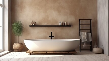 Fototapeta na wymiar Interior of a bathroom with a bathtub on a wooden platform and a blank wall above. tiled floor with wall-mounted rack, modern minimalist style Generative AI