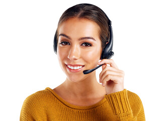 Portrait, call center and customer service with a consultant woman isolated on a transparent background for communication. Face, contact us with a happy crm employee consulting using a headset on PNG
