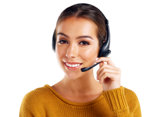 Portrait, call center and customer service with a consultant woman isolated on a transparent background for communication. Face, contact us with a happy crm employee consulting using a headset on PNG