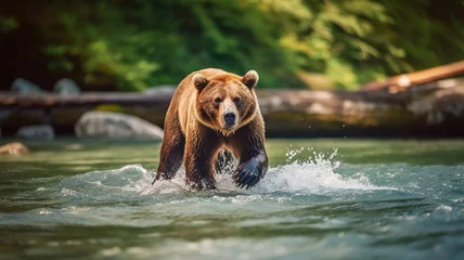 Papier Peint photo Olive verte Brown bear catches a salmon in the river. Generative Ai