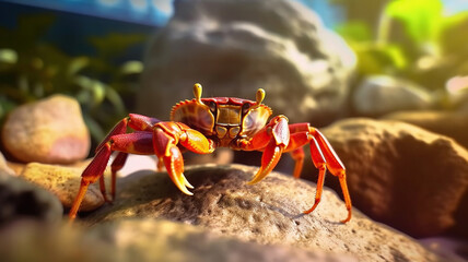 Crab close up sitting on a rock. Generative Ai