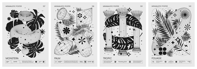 Futuristic retro vector minimalistic Posters with 3d strange wireframes geometrical shapes and exotic leaves, tropical plants, Artwork with silhouette abstract graphic elements basic figures, set 35